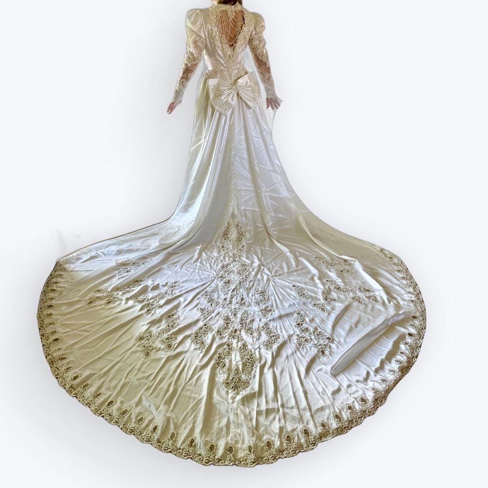 Alfred Angelo vintage wedding gown heavily beaded satin, long train puff sleeves